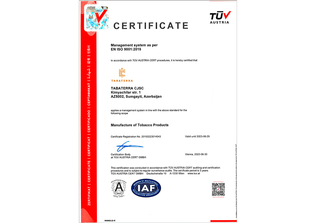 “Tabaterra” CJSC has successfully passed the ISO 9001:2015 Quality Management System certification.